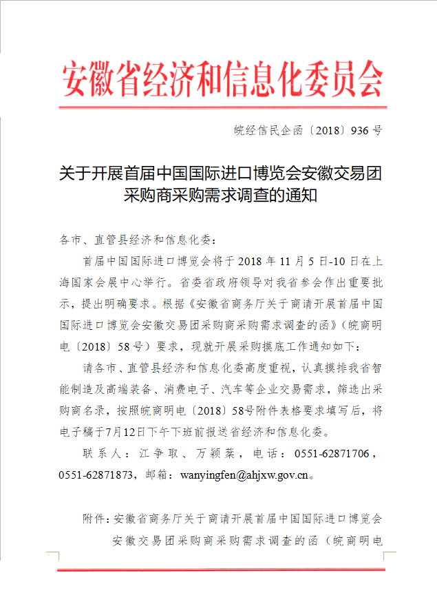 關(guān)于開展首屆中國國際進(jìn)口博覽會安徽交易團 采購商采購需求調(diào)查的通知